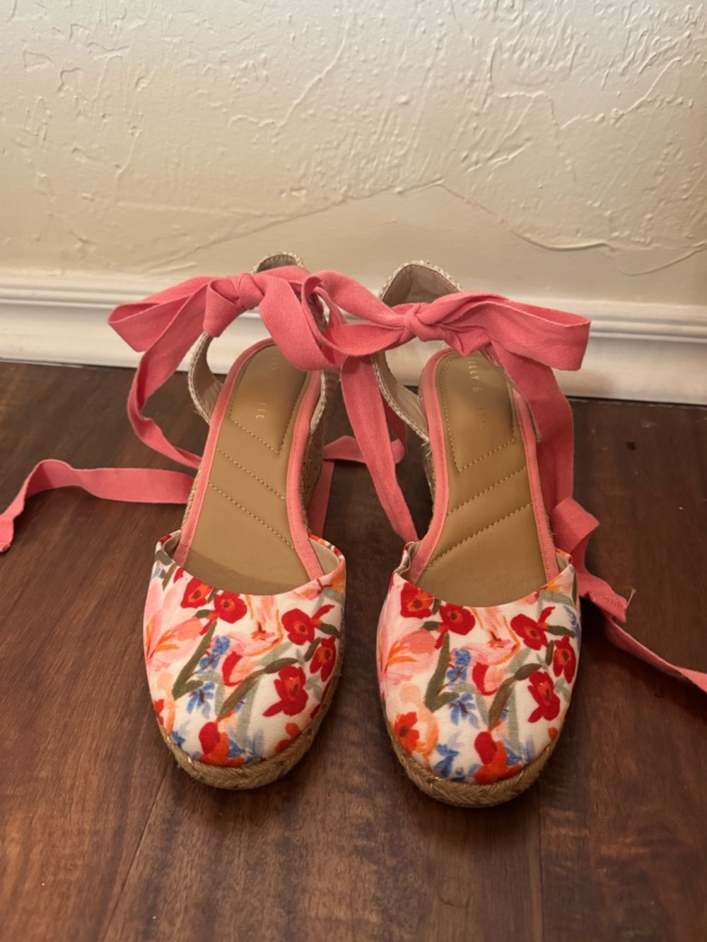 Kelly & Katie Floral Espadrille Wedges with Coral Pink Ankle Ties